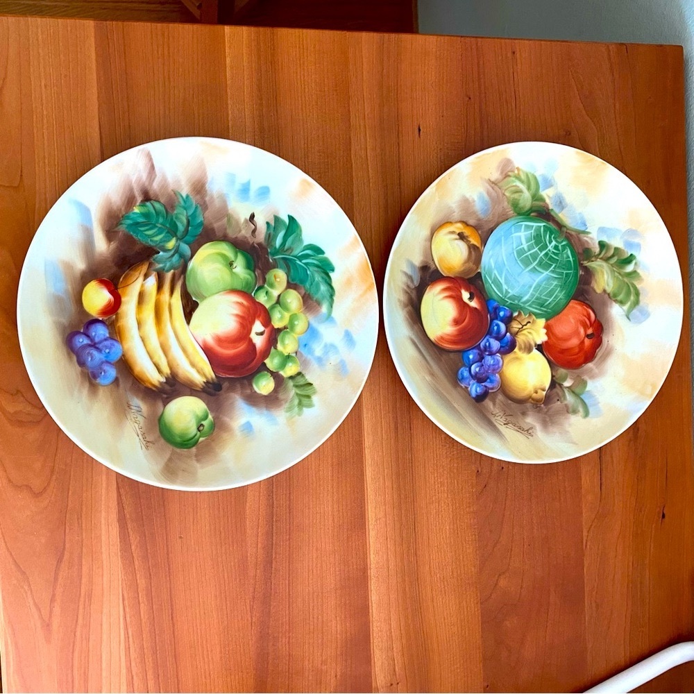 Two vintage hand painted fruit motif 8” Nagasaki plates